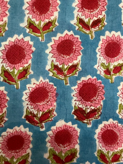 100% Cotton Hand Block Print Fabric | Pink Sunflower Floral Cotton Fabric | Jaipur Printed Cotton Fabric for Dresses, Quilts & Home Furnishing