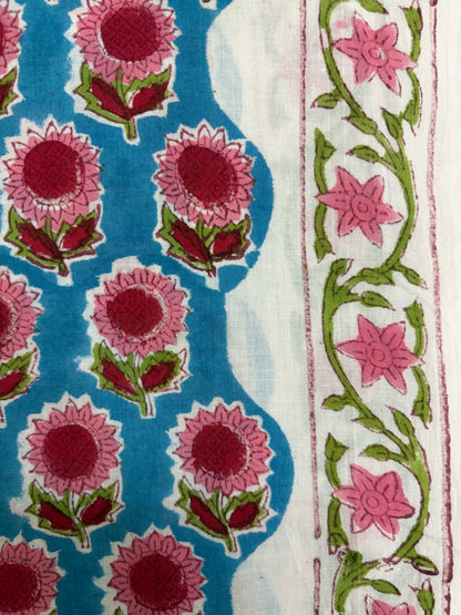 100% Cotton Hand Block Print Fabric | Pink Sunflower Floral Cotton Fabric | Jaipur Printed Cotton Fabric for Dresses, Quilts & Home Furnishing