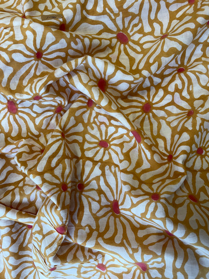 100% Cotton Hand Block Print Fabric | Floral Daisy Print Cotton Fabric | Soft Cambric Fabric for Apparel & Home Textile