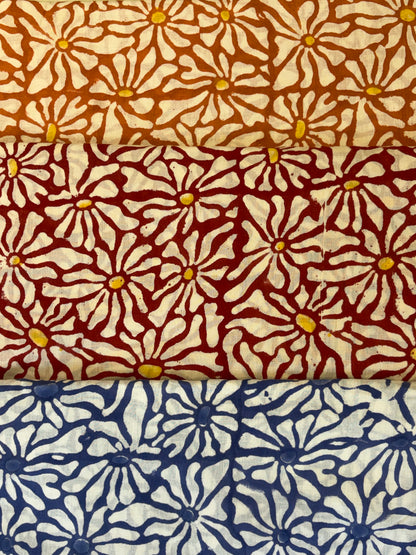 100% Cotton Hand Block Print Fabric | Floral Daisy Print Cotton Fabric | Soft Cambric Fabric for Apparel & Home Textile