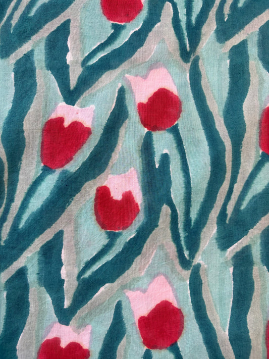 100% Cotton Hand Block Print Tulip Floral Fabric | Jaipur Handmade Cotton Dress Material | Sustainable Apparel & Home Textile Fabric