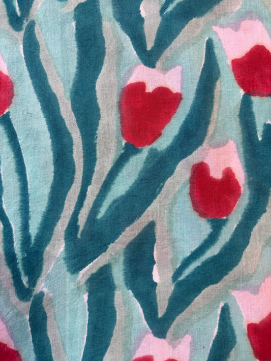 100% Cotton Hand Block Print Tulip Floral Fabric | Jaipur Handmade Cotton Dress Material | Sustainable Apparel & Home Textile Fabric