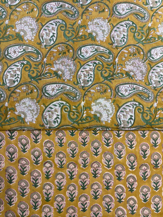 100% Cotton Hand Block Print Paisley Fabric | Mustard Floral Paisley Cotton Fabric | Jaipur Printed Dress Material Manufacturer