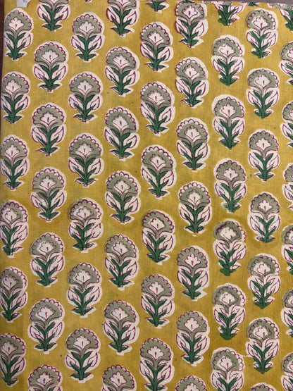 100% Cotton Hand Block Print Paisley Fabric | Mustard Floral Paisley Cotton Fabric | Jaipur Printed Dress Material Manufacturer