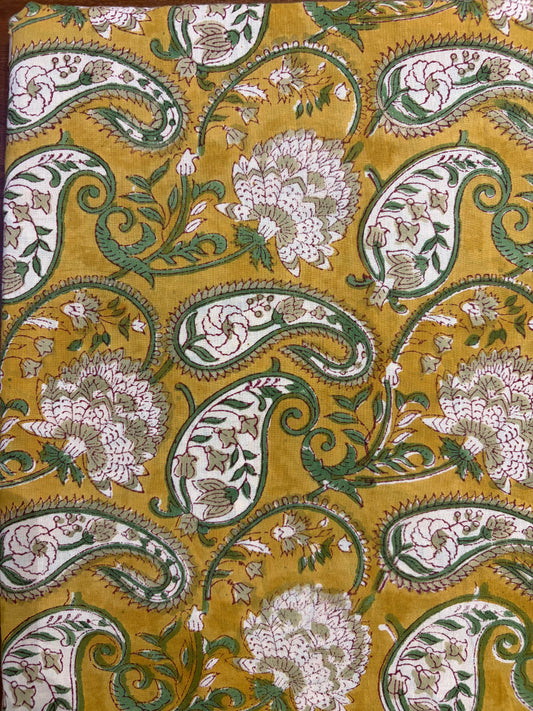 100% Cotton Hand Block Print Paisley Fabric | Mustard Floral Paisley Cotton Fabric | Jaipur Printed Dress Material Manufacturer