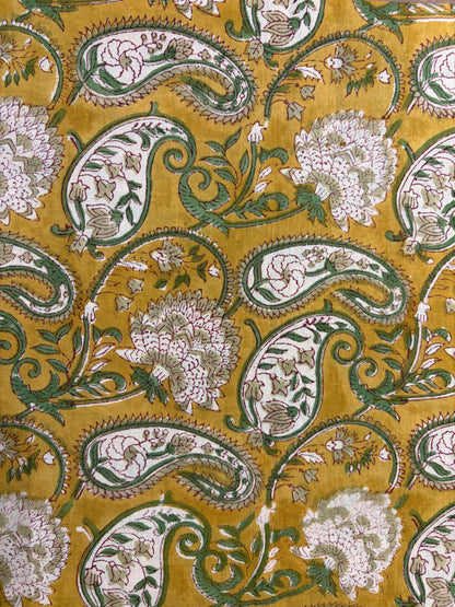 100% Cotton Hand Block Print Paisley Fabric | Mustard Floral Paisley Cotton Fabric | Jaipur Printed Dress Material Manufacturer
