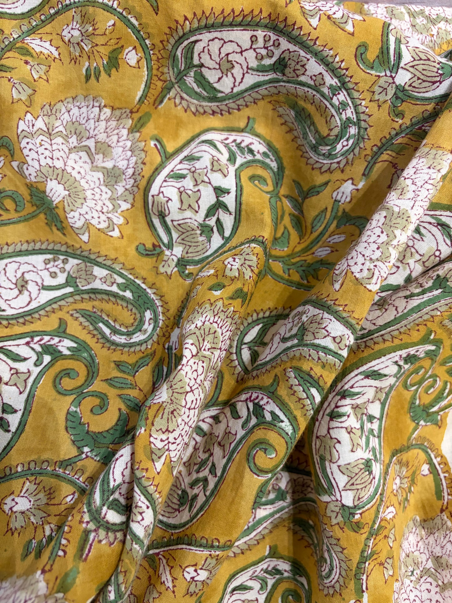 100% Cotton Hand Block Print Paisley Fabric | Mustard Floral Paisley Cotton Fabric | Jaipur Printed Dress Material Manufacturer
