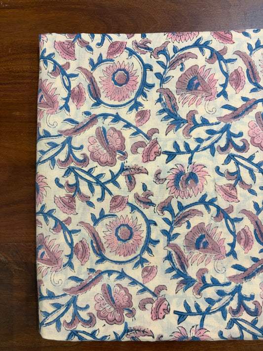 100% Cotton Hand Block Printed Fabric | Floral Buta with Matching Border Print | Soft Cambric Fabric | Indian Handmade Textile by Jaipur Manufacturer