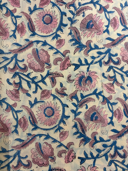 100% Cotton Hand Block Printed Fabric | Floral Buta with Matching Border Print | Soft Cambric Fabric | Indian Handmade Textile by Jaipur Manufacturer