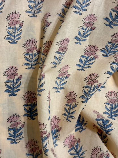 100% Cotton Hand Block Printed Fabric | Floral Buta with Matching Border Print | Soft Cambric Fabric | Indian Handmade Textile by Jaipur Manufacturer