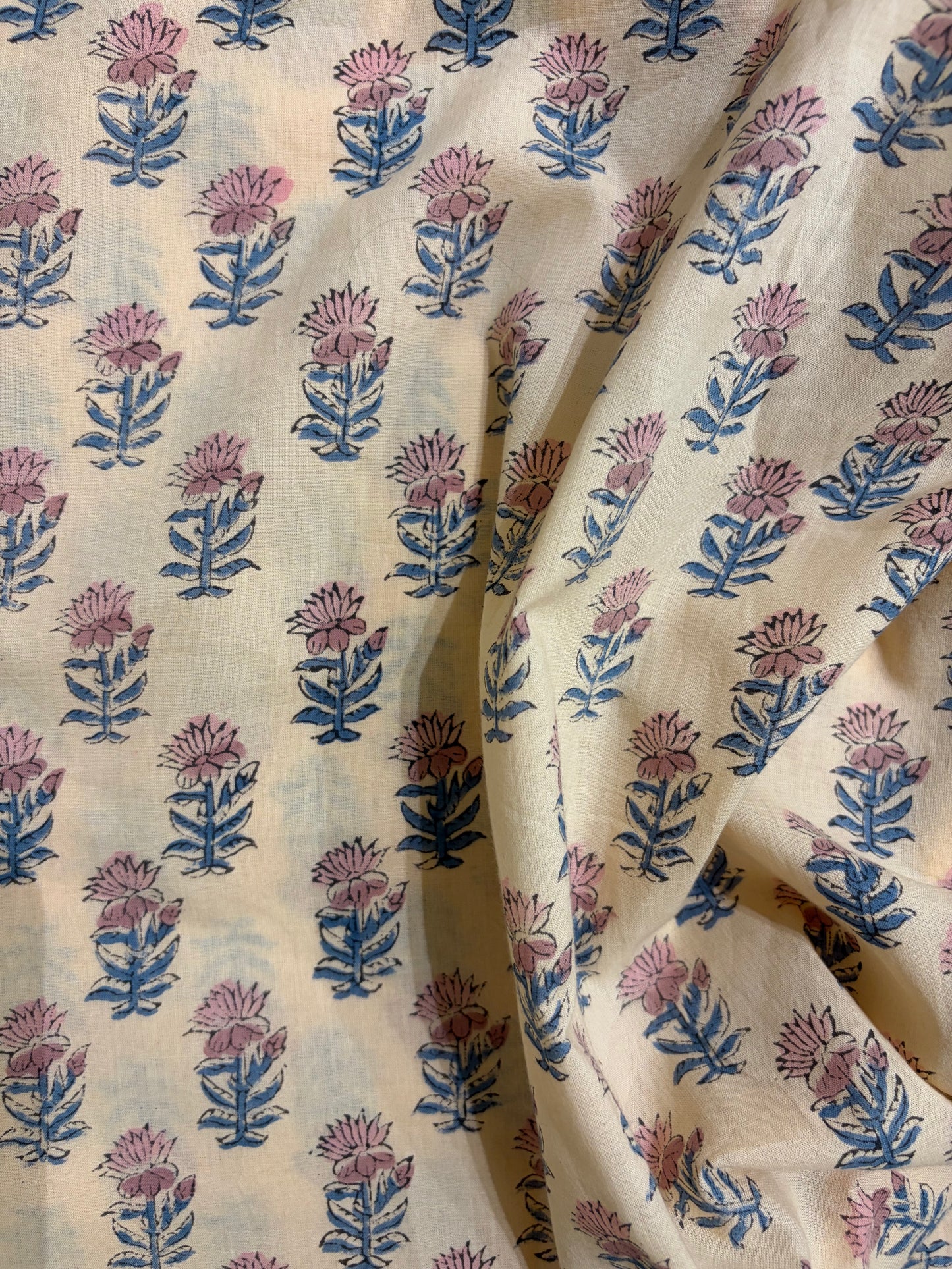 100% Cotton Hand Block Printed Fabric | Floral Buta with Matching Border Print | Soft Cambric Fabric | Indian Handmade Textile by Jaipur Manufacturer