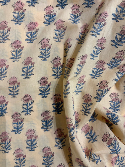 100% Cotton Hand Block Printed Fabric | Floral Buta with Matching Border Print | Soft Cambric Fabric | Indian Handmade Textile by Jaipur Manufacturer