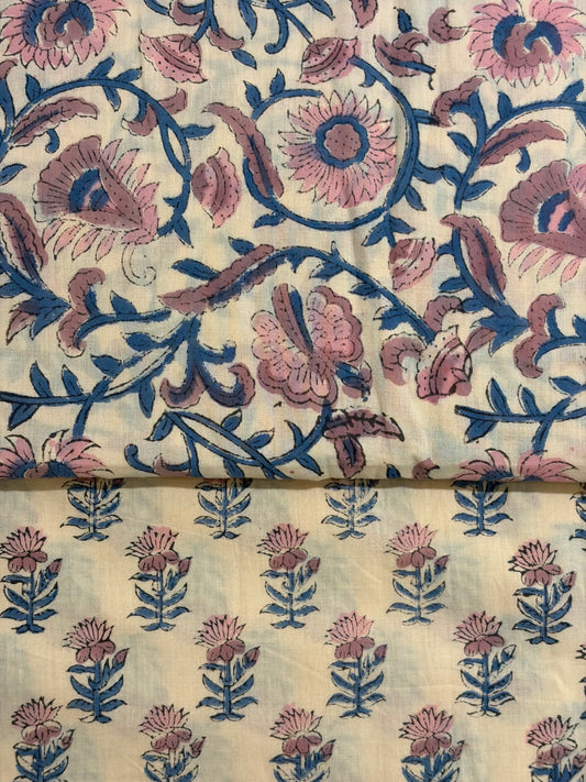 100% Cotton Hand Block Printed Fabric | Floral Buta with Matching Border Print | Soft Cambric Fabric | Indian Handmade Textile by Jaipur Manufacturer