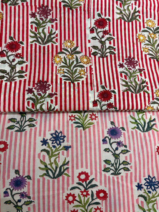 100% Cotton Hand Block Print Stripe Fabric | Flor100% Cotton Hand Block Print Floral Stripe Fabric | Jaipur Printed Cotton Dress Material | Botanical Cotton Fabric Manufacturer