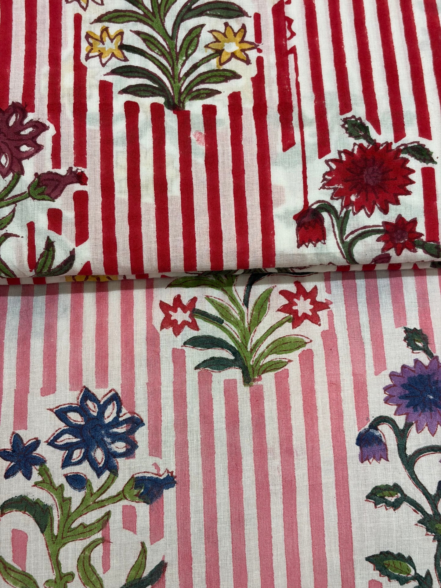100% Cotton Hand Block Print Stripe Fabric | Flor100% Cotton Hand Block Print Floral Stripe Fabric | Jaipur Printed Cotton Dress Material | Botanical Cotton Fabric Manufacturer