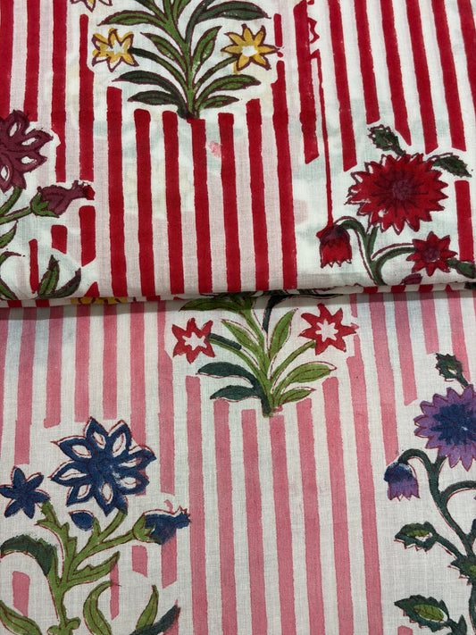 100% Cotton Hand Block Print Stripe Fabric | Flor100% Cotton Hand Block Print Floral Stripe Fabric | Jaipur Printed Cotton Dress Material | Botanical Cotton Fabric Manufacturer