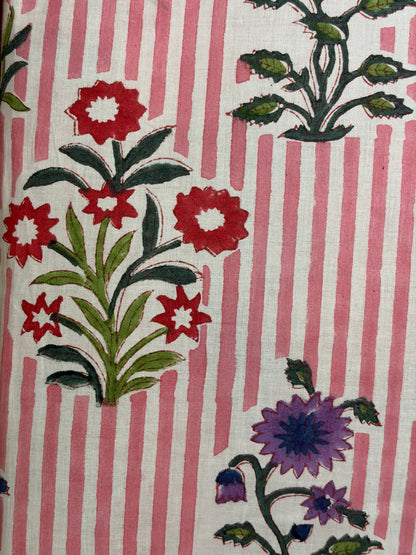 100% Cotton Hand Block Print Stripe Fabric | Flor100% Cotton Hand Block Print Floral Stripe Fabric | Jaipur Printed Cotton Dress Material | Botanical Cotton Fabric Manufacturer