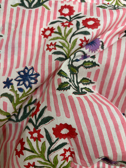 100% Cotton Hand Block Print Stripe Fabric | Flor100% Cotton Hand Block Print Floral Stripe Fabric | Jaipur Printed Cotton Dress Material | Botanical Cotton Fabric Manufacturer