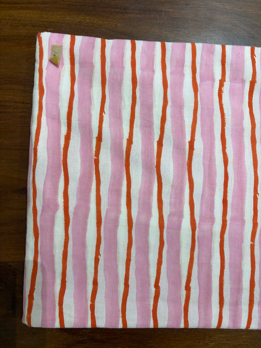 100% Cotton Hand Block Printed Stripe Fabric | Pink & Coral Vertical Stripe Cotton Fabric | Jaipur Handmade Cotton Textile | Wholesale Fabric Manufacturer