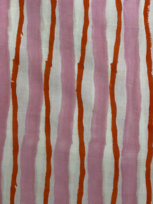 100% Cotton Hand Block Printed Stripe Fabric | Pink & Coral Vertical Stripe Cotton Fabric | Jaipur Handmade Cotton Textile | Wholesale Fabric Manufacturer