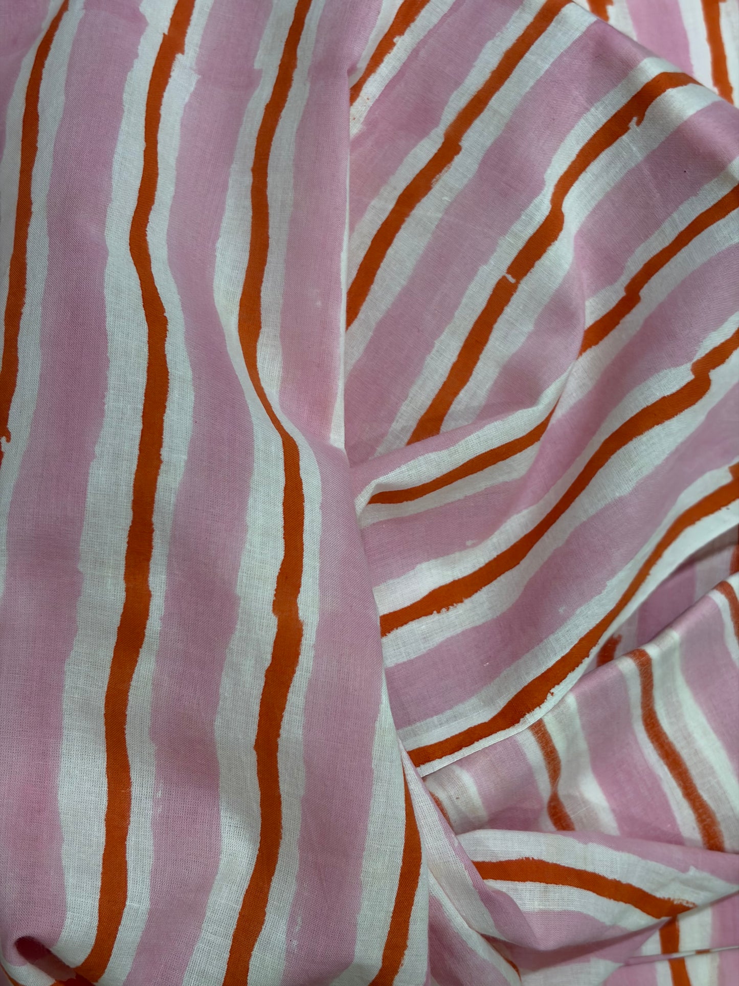 100% Cotton Hand Block Printed Stripe Fabric | Pink & Coral Vertical Stripe Cotton Fabric | Jaipur Handmade Cotton Textile | Wholesale Fabric Manufacturer