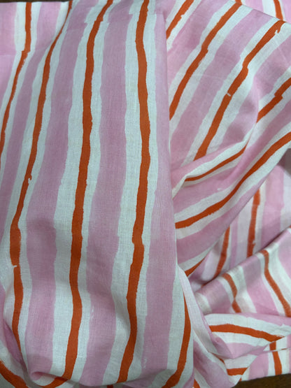 100% Cotton Hand Block Printed Stripe Fabric | Pink & Coral Vertical Stripe Cotton Fabric | Jaipur Handmade Cotton Textile | Wholesale Fabric Manufacturer