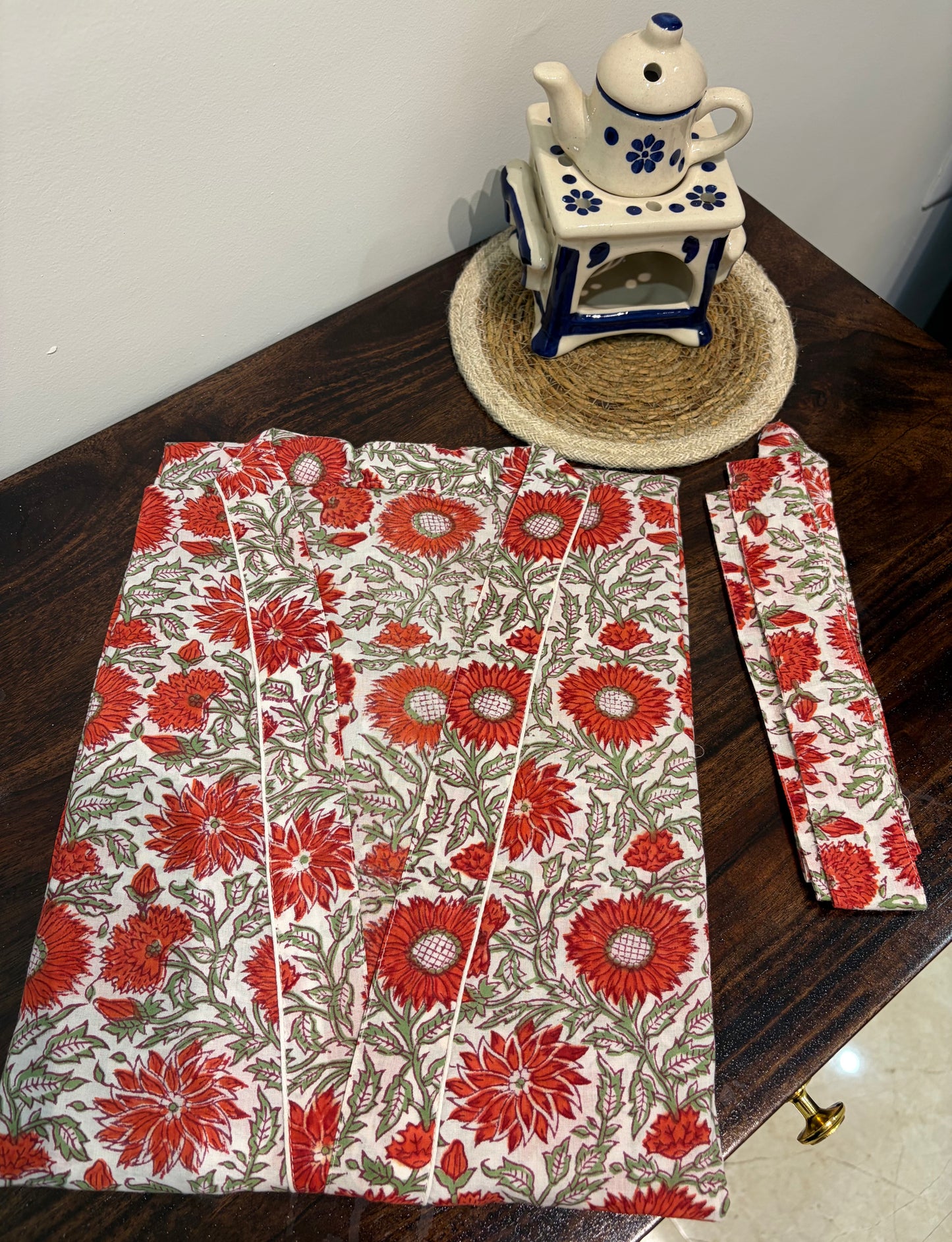 Women’s Red Floral Printed Long Kimono Robe – Indian Cotton Boho Open Front Cover Up