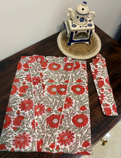 Women’s Red Floral Printed Long Kimono Robe – Indian Cotton Boho Open Front Cover Up