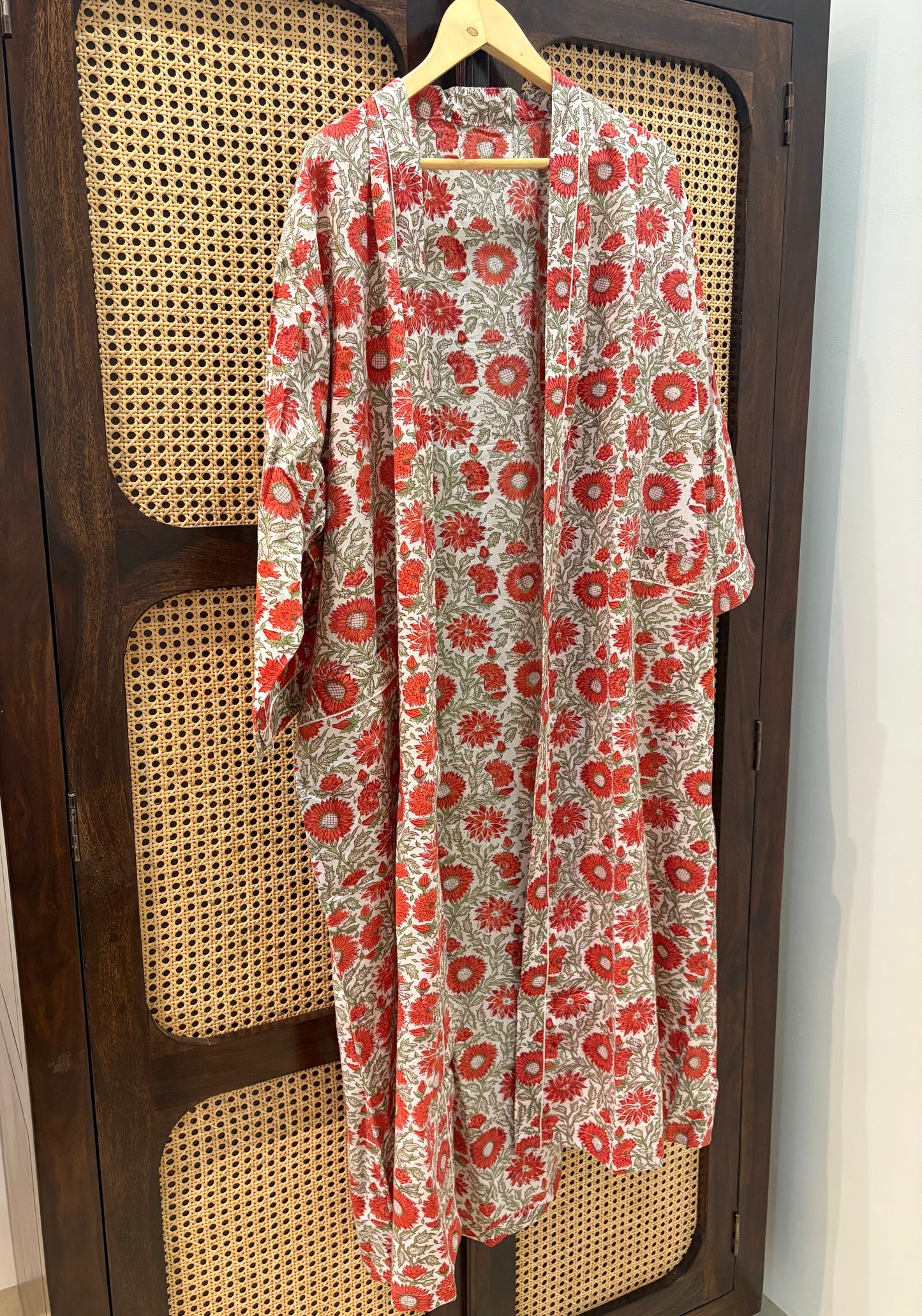 Women’s Red Floral Printed Long Kimono Robe – Indian Cotton Boho Open Front Cover Up