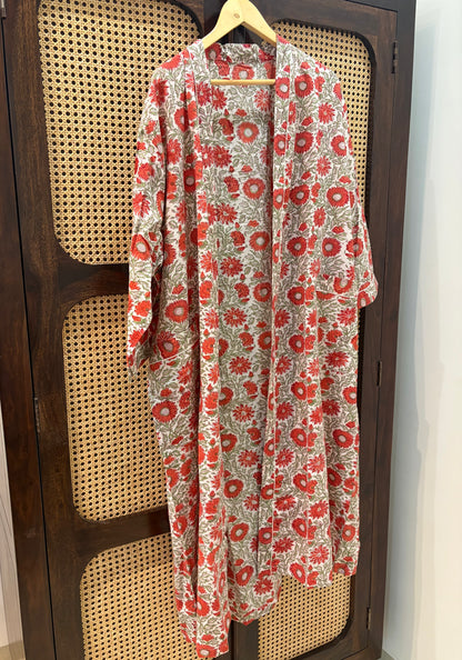 Women’s Red Floral Printed Long Kimono Robe – Indian Cotton Boho Open Front Cover Up