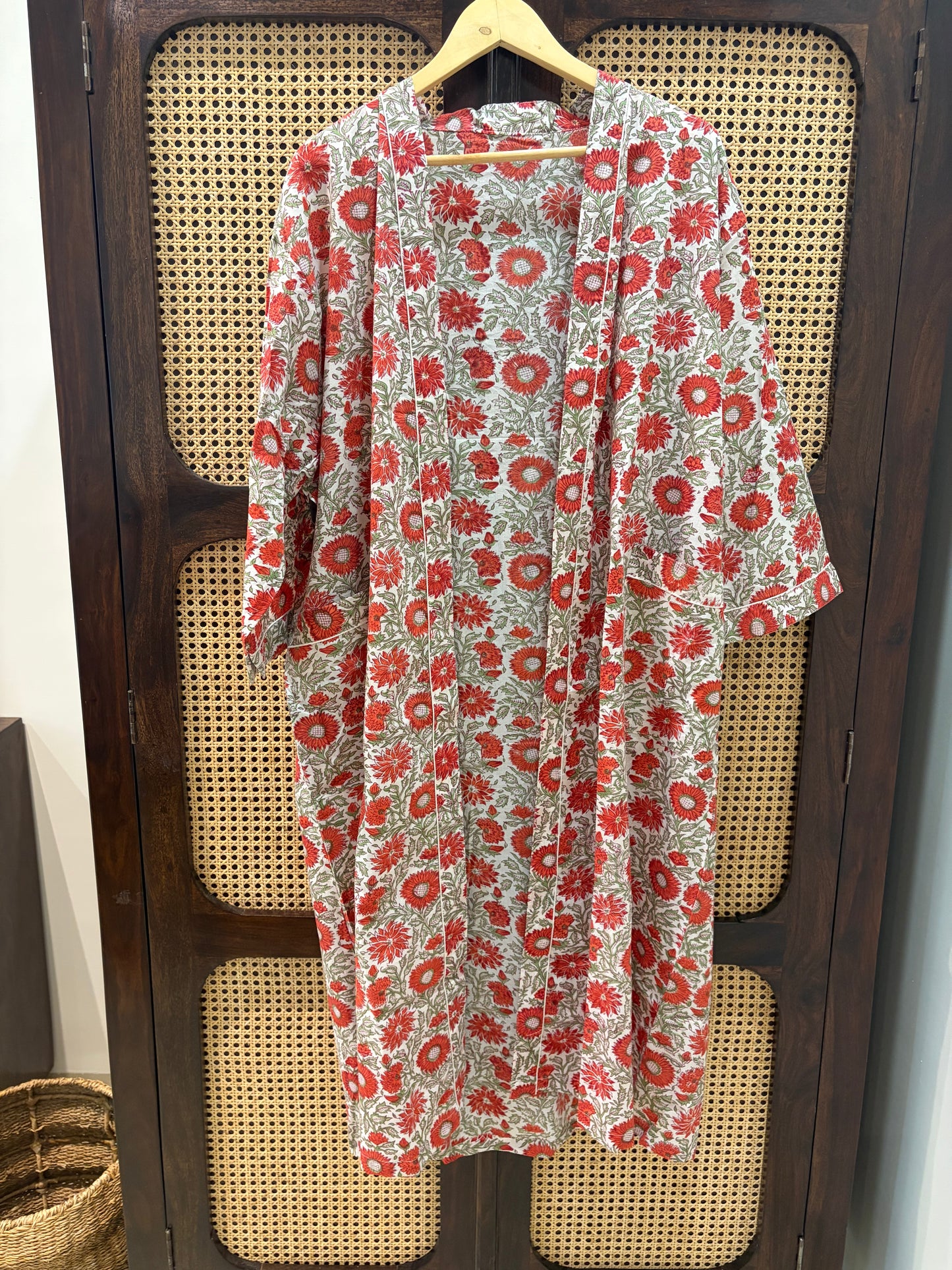 Women’s Red Floral Printed Long Kimono Robe – Indian Cotton Boho Open Front Cover Up