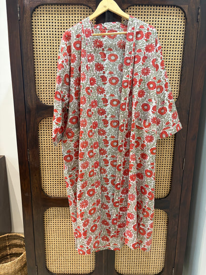 Women’s Red Floral Printed Long Kimono Robe – Indian Cotton Boho Open Front Cover Up