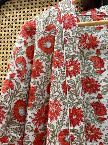Women’s Red Floral Printed Long Kimono Robe – Indian Cotton Boho Open Front Cover Up