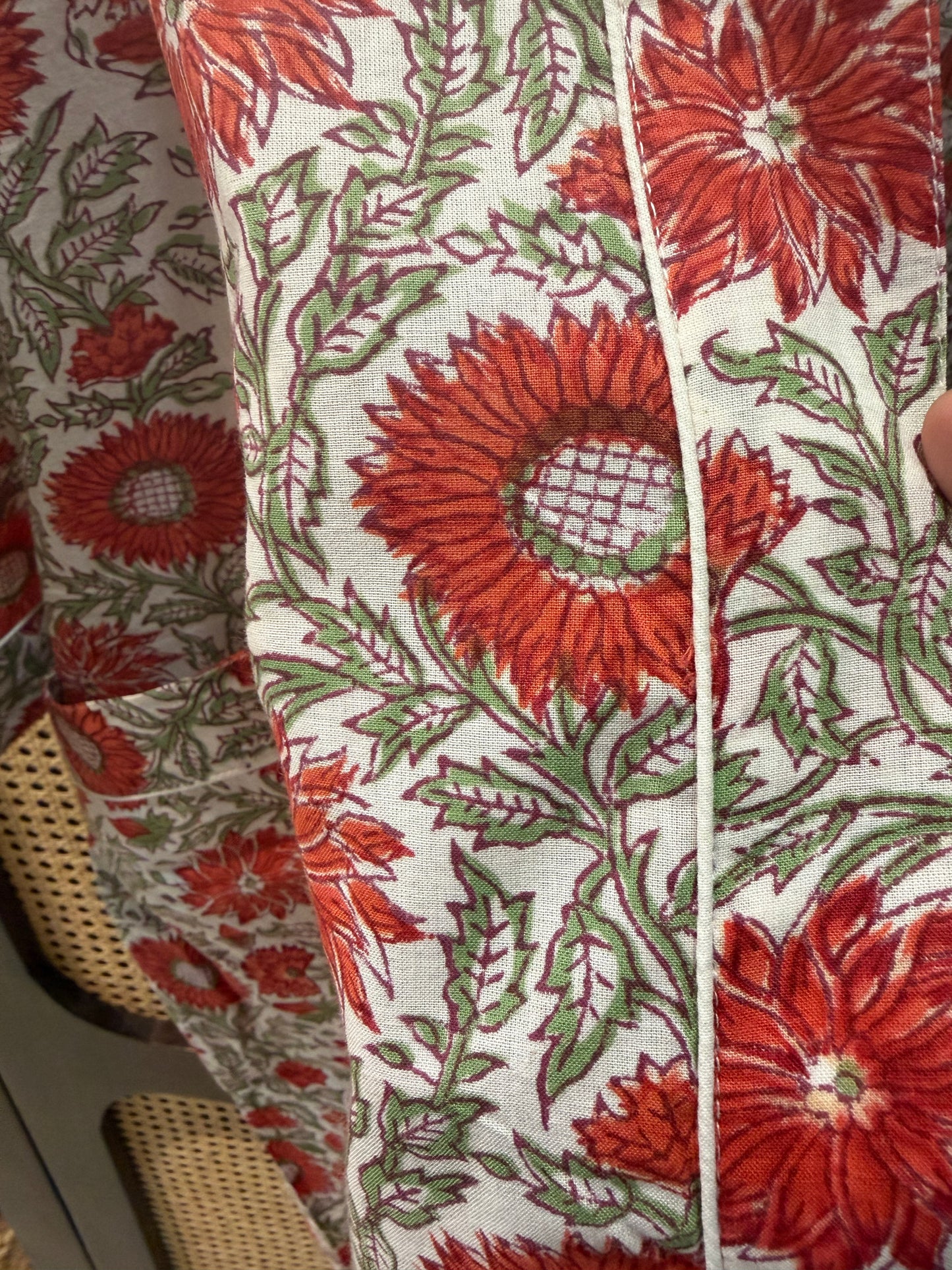 Women’s Red Floral Printed Long Kimono Robe – Indian Cotton Boho Open Front Cover Up