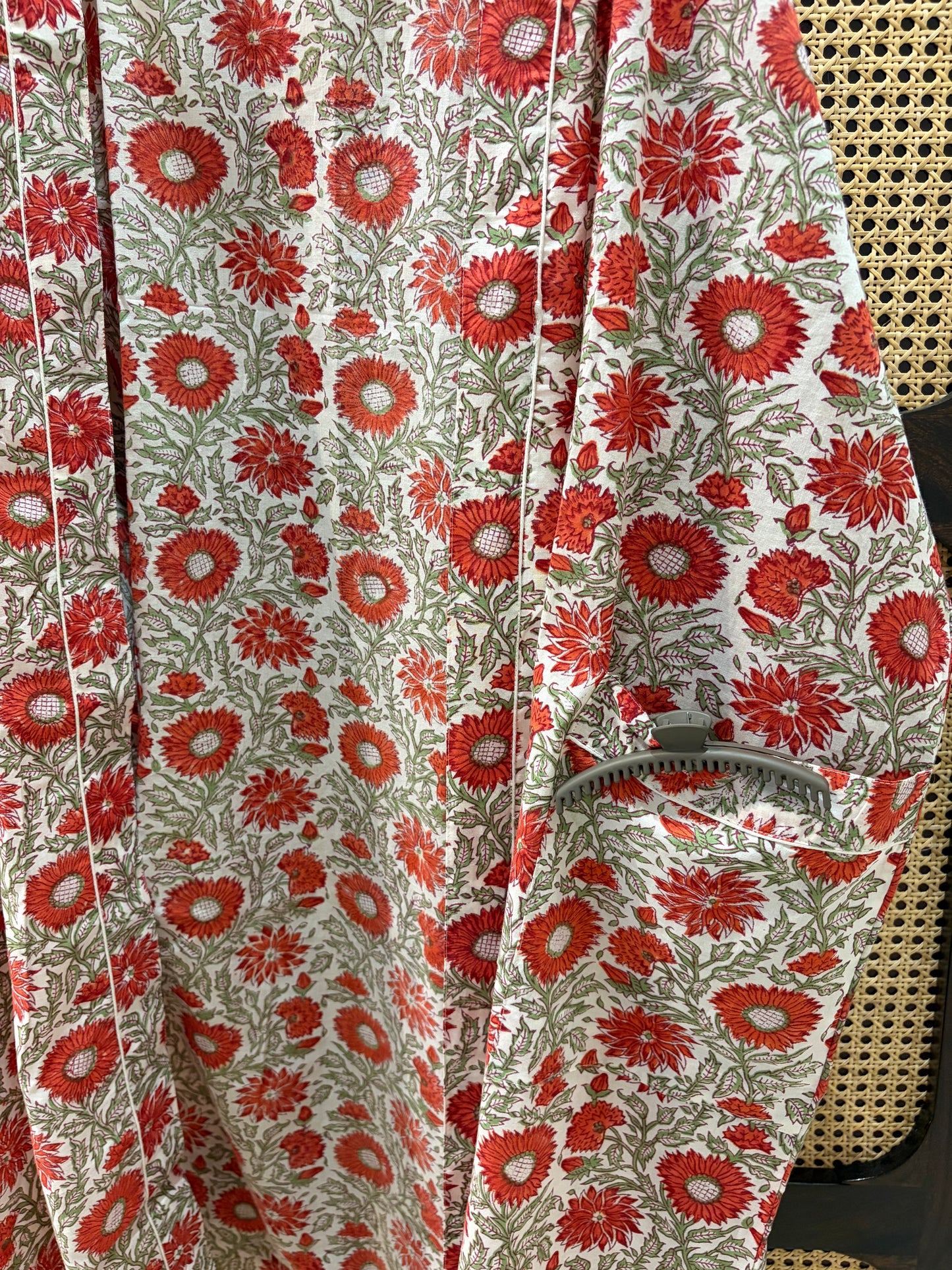 Women’s Red Floral Printed Long Kimono Robe – Indian Cotton Boho Open Front Cover Up