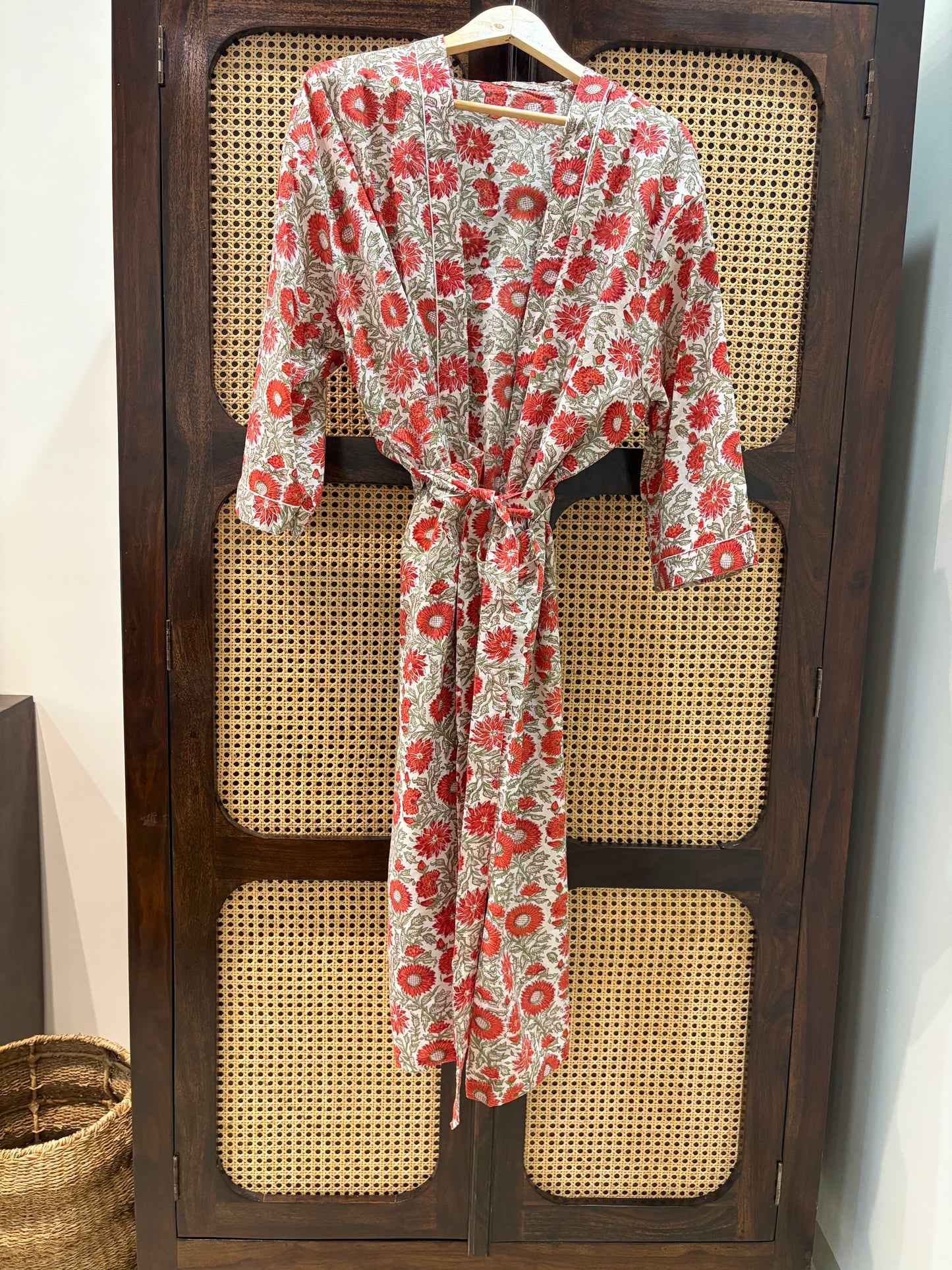 Women’s Red Floral Printed Long Kimono Robe – Indian Cotton Boho Open Front Cover Up