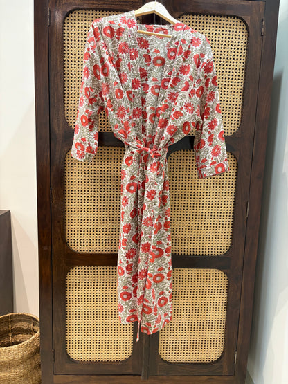 Women’s Red Floral Printed Long Kimono Robe – Indian Cotton Boho Open Front Cover Up