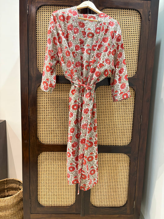 Women’s Red Floral Printed Long Kimono Robe – Indian Cotton Boho Open Front Cover Up