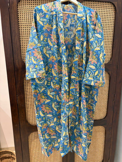 Indigo Bloom Cotton Block Print Open Front Kaftan | Jaipur Floral Print Long Kimono Robe | Women’s Resort & Beachwear