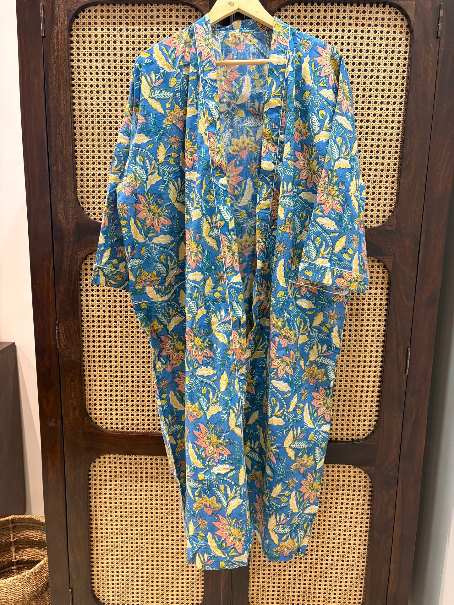 Indigo Bloom Cotton Block Print Open Front Kaftan | Jaipur Floral Print Long Kimono Robe | Women’s Resort & Beachwear
