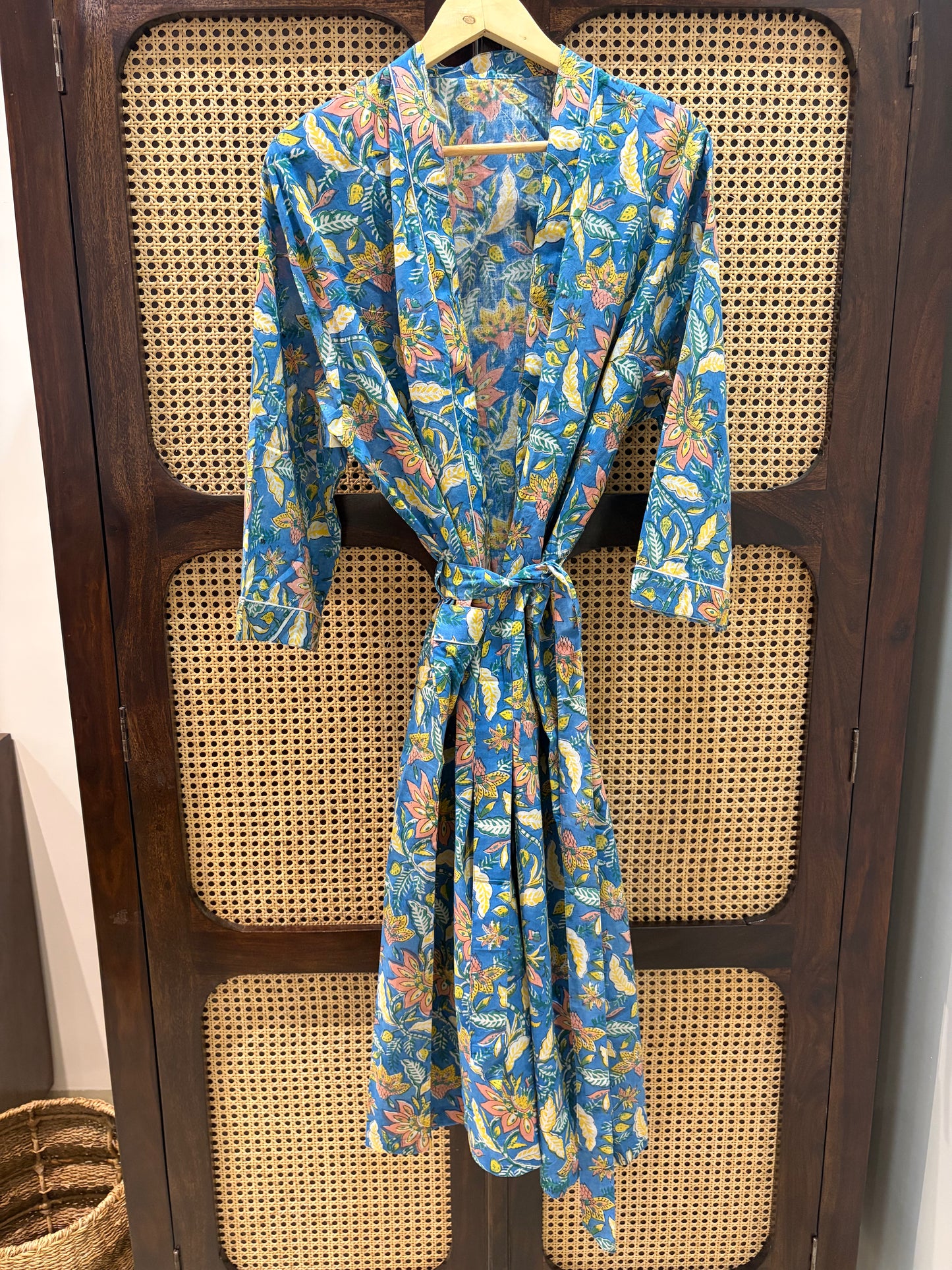 Indigo Bloom Cotton Block Print Open Front Kaftan | Jaipur Floral Print Long Kimono Robe | Women’s Resort & Beachwear