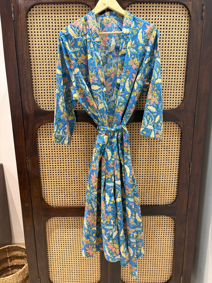 Indigo Bloom Cotton Block Print Open Front Kaftan | Jaipur Floral Print Long Kimono Robe | Women’s Resort & Beachwear