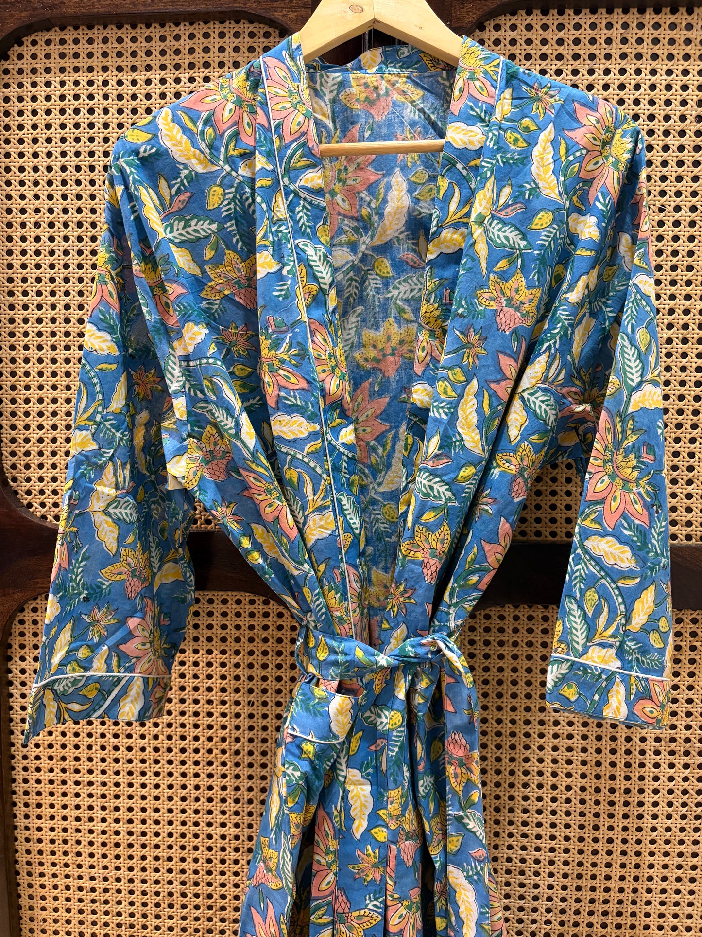 Indigo Bloom Cotton Block Print Open Front Kaftan | Jaipur Floral Print Long Kimono Robe | Women’s Resort & Beachwear