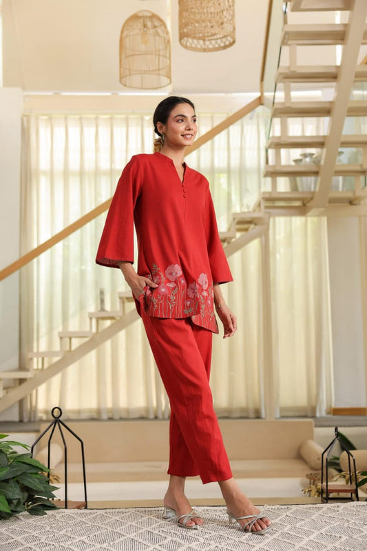 Red Floral Embroidered Tunic & Pant Co-ord Set