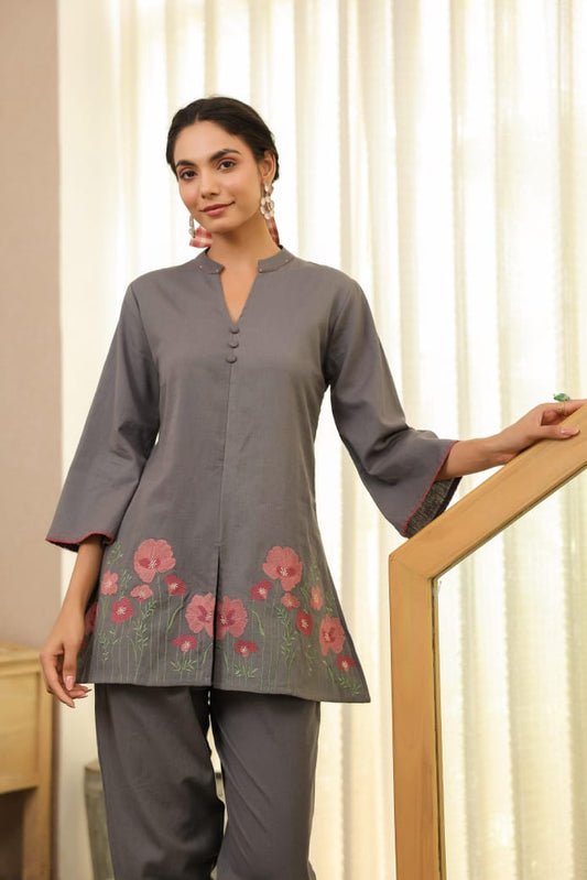 Grey Floral Embroidered Tunic & Pant Co-ord Set