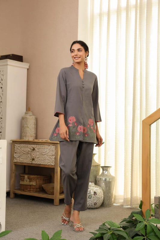 Grey Floral Embroidered Tunic & Pant Co-ord Set