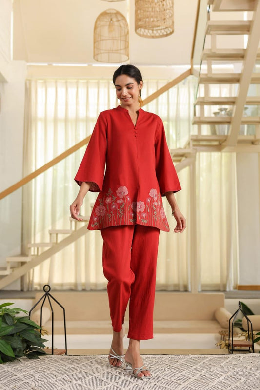 Red Floral Embroidered Tunic & Pant Co-ord Set