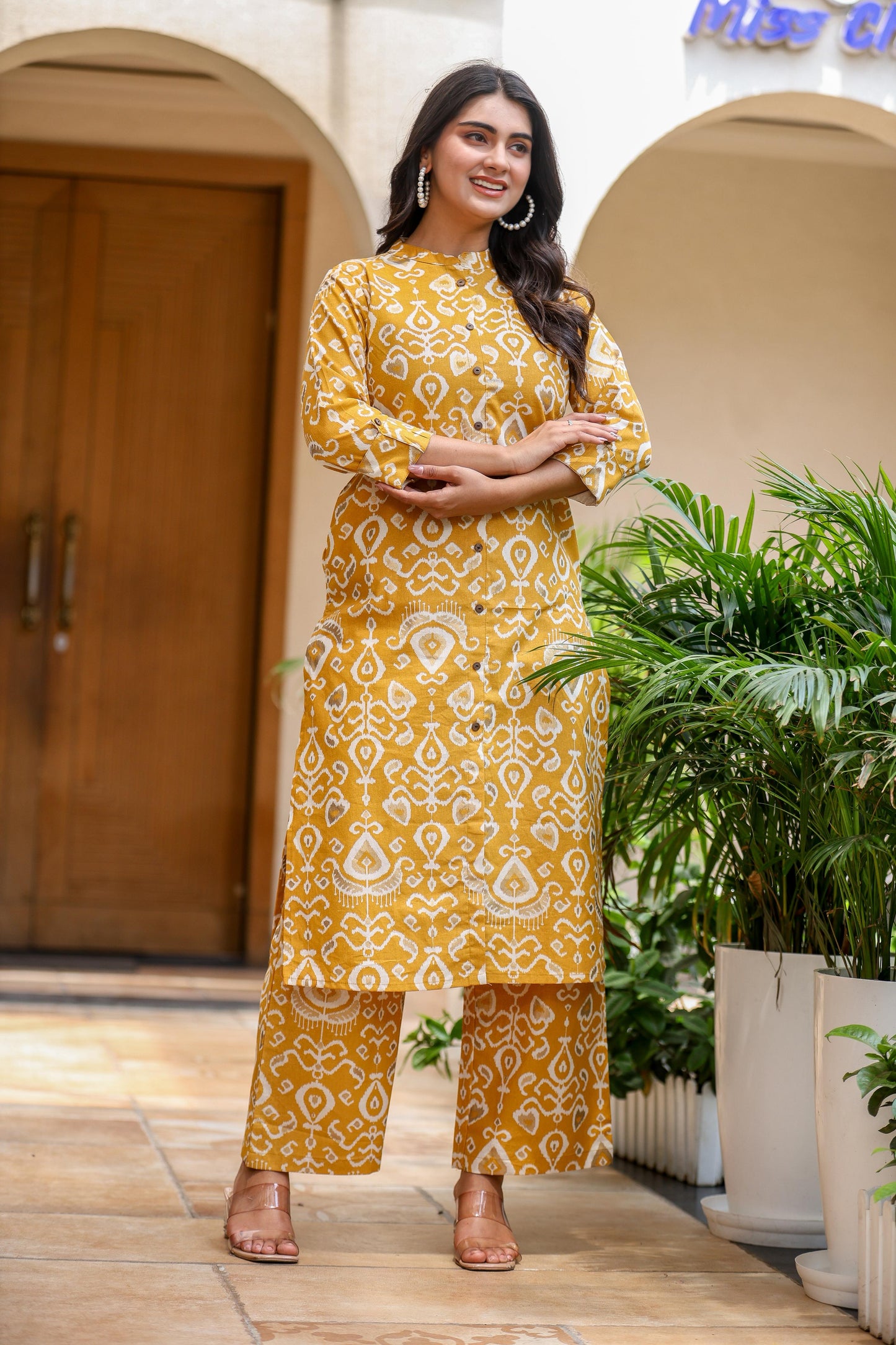 Yellow Printed Coord Set for Women | Mustard Yellow Kurta & Pants