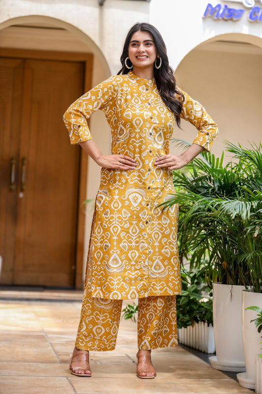 Yellow Printed Coord Set for Women | Mustard Yellow Kurta & Pants