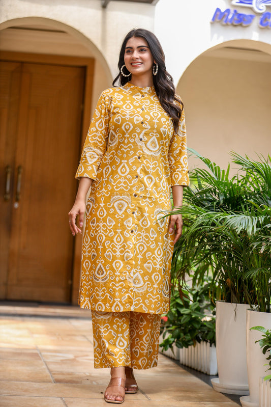 Yellow Printed Coord Set for Women | Mustard Yellow Kurta & Pants
